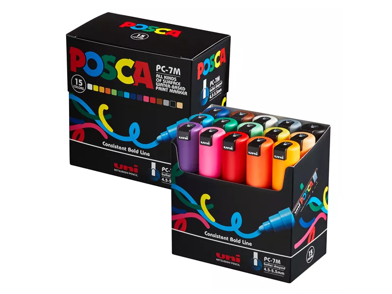 Marcatore Uni Posca a Tempera PC7M Uni-Ball - Tonda - 4,5-5,5 mm - M PC57M 15C (Assortiti Conf. 15)