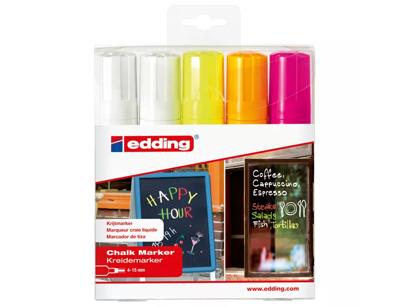 Marcatore a Gesso Liquido 4090 Edding - Punta a Scalpello - 4-15 mm - E-4090 5999 (Assortiti Fluo Conf. 5)