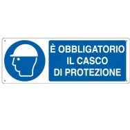 Cartello di Prescrizione - E' Obbligatorio il Casco di Protezione - 350x125 mm - E1902K (Bianco e Blu)