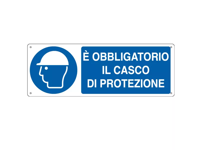 Cartello di Prescrizione - E' Obbligatorio il Casco di Protezione - 350x125 mm - E1902K (Bianco e Blu)
