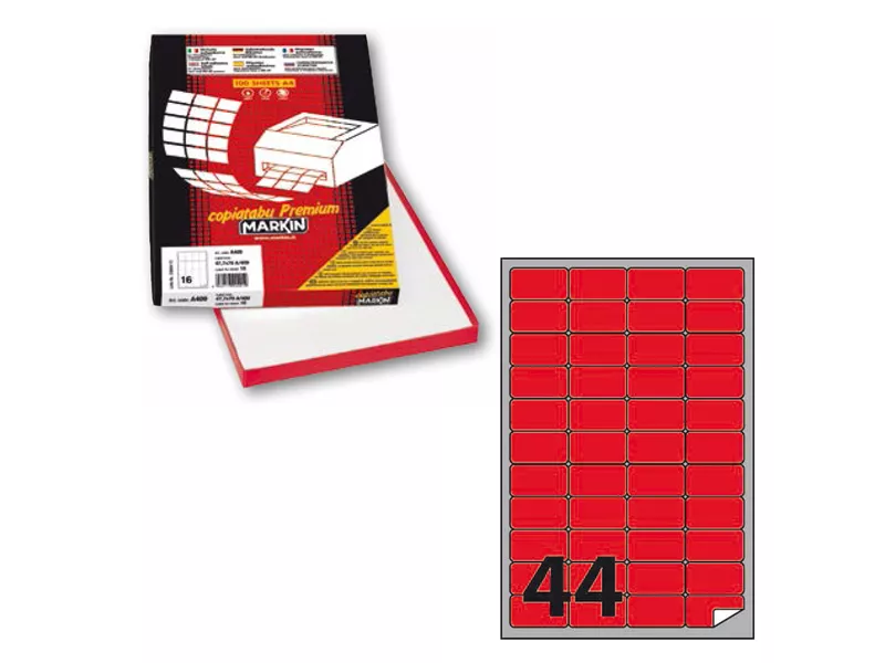 Etichette Adesive Markin con Angoli Arrotondati - A4 - 47,5x25,5 mm - A/406 - X210A406F-RO (Rosso Fluo Conf. 100)