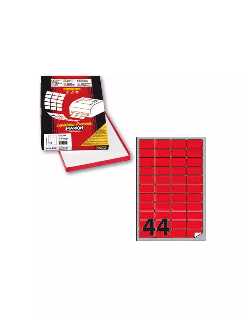 Etichette Adesive Markin con Angoli Arrotondati - A4 - 47,5x25,5 mm - A/406 - X210A406F-RO (Rosso Fluo Conf. 100)