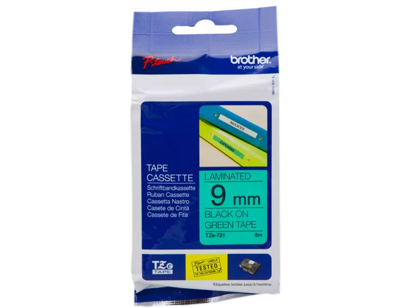 Nastro Originale Brother TZe-721 - 9 mm x 8 m - Laminato (Nero su Verde)