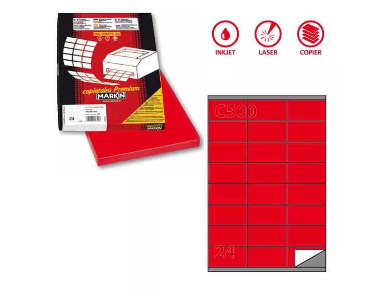 Etichette Adesive Markin - A4 - 70x36 mm - X210C500RO (Rosso Conf. 100)