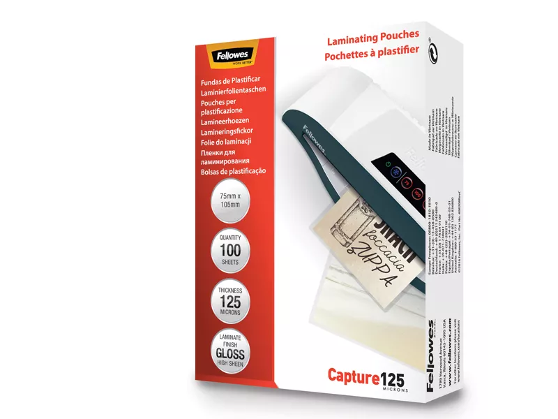 Pouches per Plastificatrici Capture Fellowes - 111x154 mm Lucida - 125 Micron - 5307201 (Trasparente Conf. 100) Pouches per Plastificatrici Capture Fellowes - 111x154 mm Lucida - 125 Micron - 5307201 (Trasparente Conf. 100)