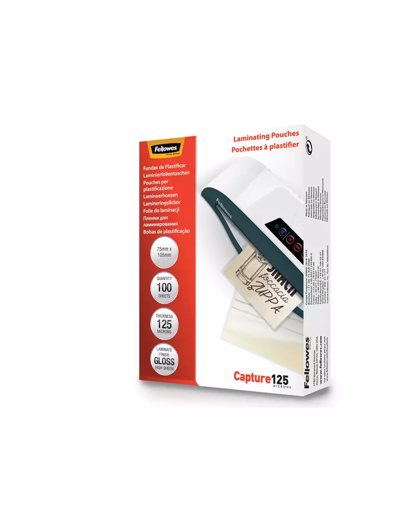 Pouches per Plastificatrici Capture Fellowes - 111x154 mm Lucida - 125 Micron - 5307201 (Trasparente Conf. 100) Pouches per Plastificatrici Capture Fellowes - 111x154 mm Lucida - 125 Micron - 5307201 (Trasparente Conf. 100)
