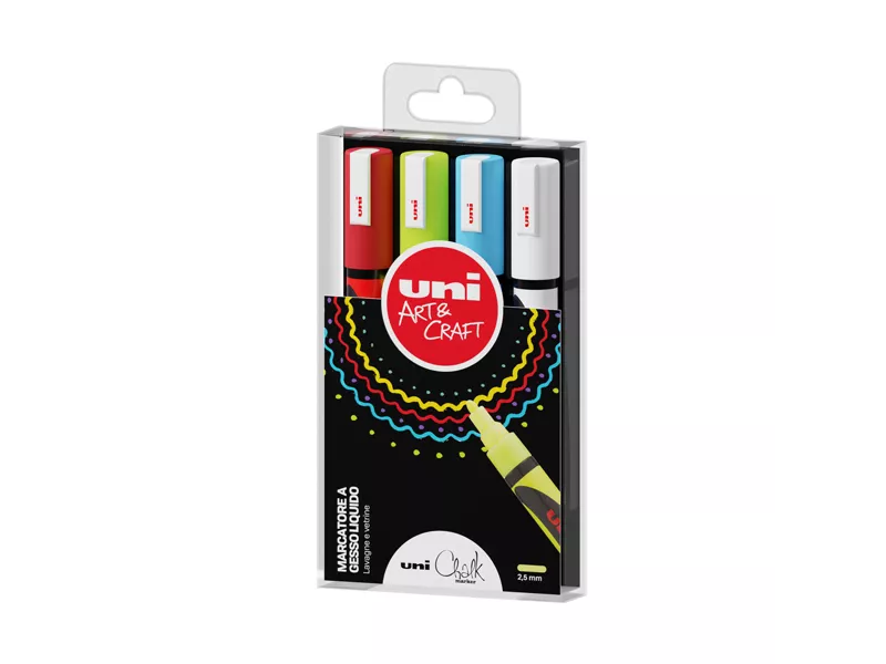 Marcatore a Gesso Liquido Uni Chalk PWE5M Uni-Ball - Punta Tonda - 1,8-2,5 mm - M PWE5M 4P (Assortiti Conf. 4)