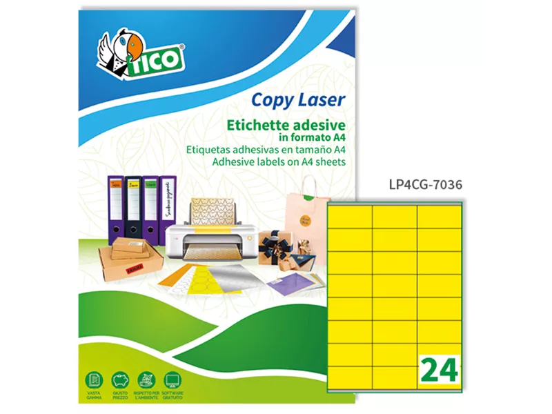 Etichette Adesive Copy Laser Premium Tico con Margini - A4 - 70x36 mm - LP4FG-7036 (Giallo Fluo Conf. 70)