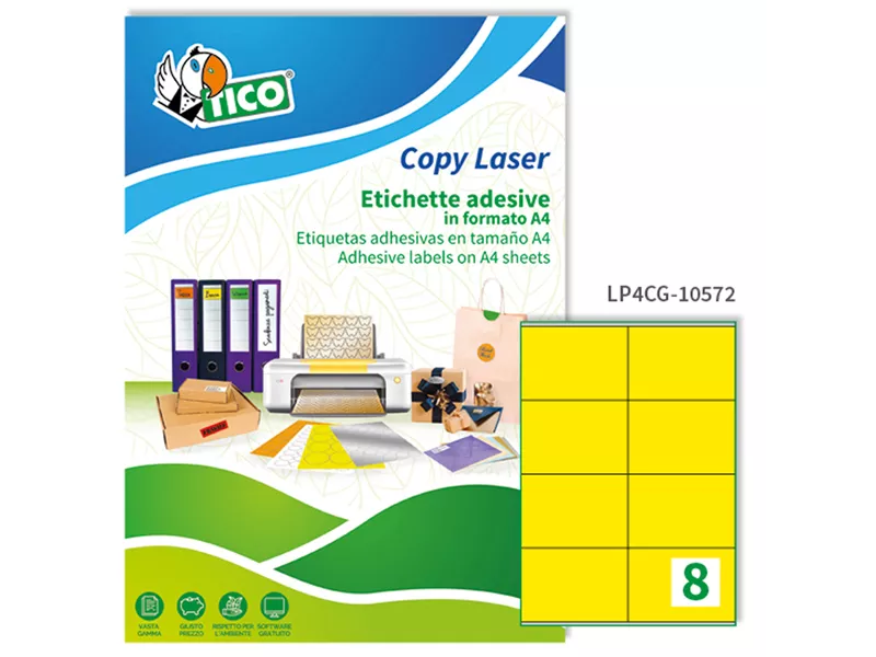 Etichette Adesive Copy Laser Premium Tico con Margini - A4 - 105x72 mm - LP4CG-10572 (Giallo Opaco Conf. 70)