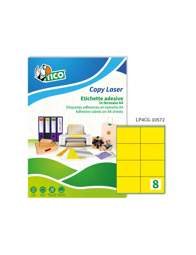 Etichette Adesive Copy Laser Premium Tico con Margini - A4 - 105x72 mm - LP4CG-10572 (Giallo Opaco Conf. 70)