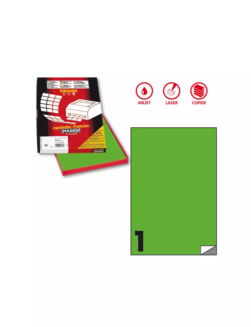 Etichette Adesive Markin - A4 - 210x297 mm - X210C503FVE (Verde Fluo Conf. 100) Etichette Adesive Markin - A4 - 210x297 mm - X210C503FVE (Verde Fluo Conf. 100)