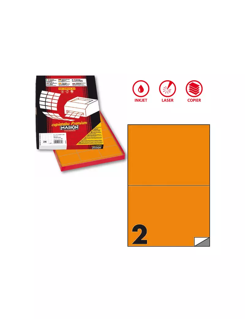 Etichette Adesive Markin - A4 - 210x148,5 mm - X210C509FAR (Arancione Fluo Conf. 100) Etichette Adesive Markin - A4 - 210x148,5 mm - X210C509FAR (Arancione Fluo Conf. 100)