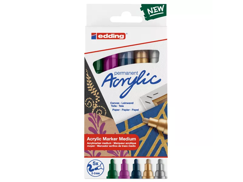 Marcatore Permanente Acrilico 5100 Edding - Punta Tonda - 2-3 mm - 4-5100-5-999 (Assortiti Medium Festa Conf. 5)