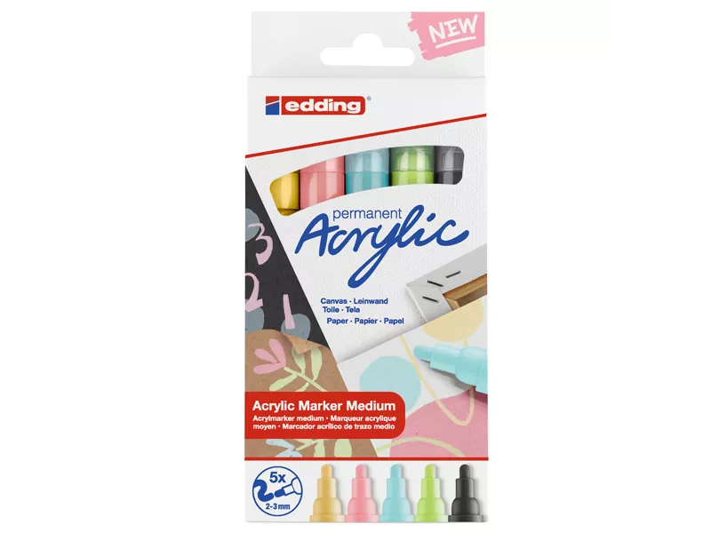 Marcatore Permanente Acrilico 5100 Edding - Punta Tonda - 2-3 mm - 4-5100-5-099 (Assortiti Medium Pastel Conf. 5)