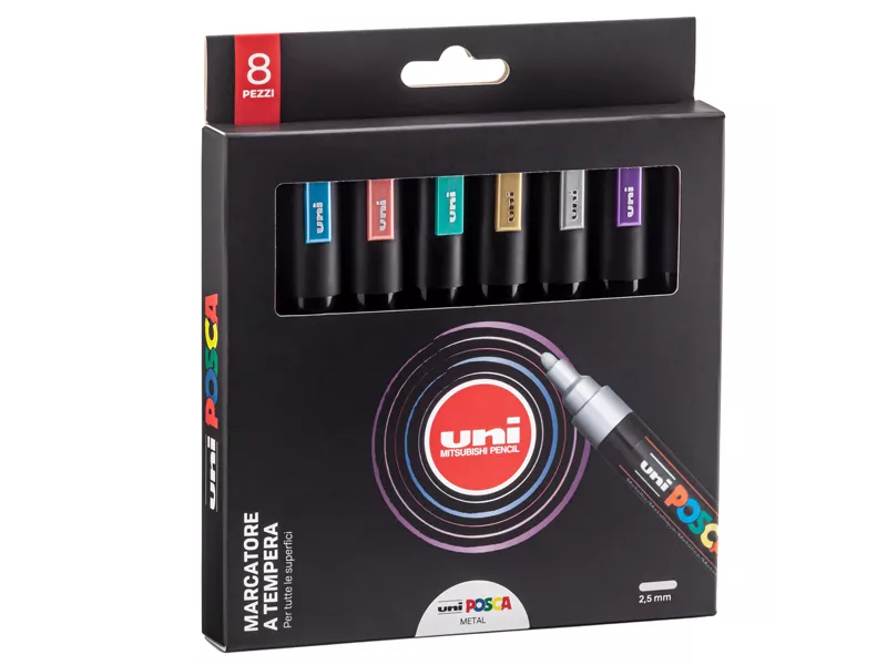 Marcatore a Tempera Uni Posca PC5M Uni-Ball - Punta Tonda - 1,8-2,5 mm - M-PC5MM-8P (Assortiti Metal Conf. 8)