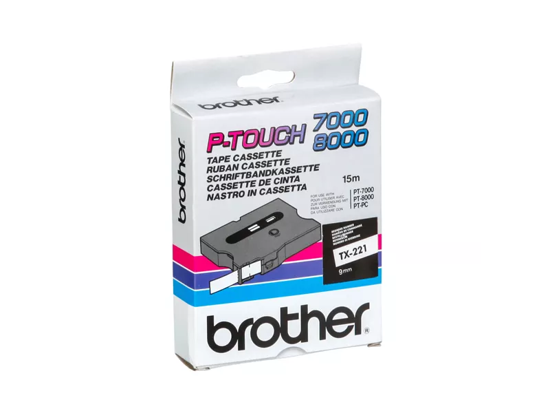 Nastro Originale Brother TX-221 - 9 mm x 7,7 m - Laminato (Nero su Bianco)