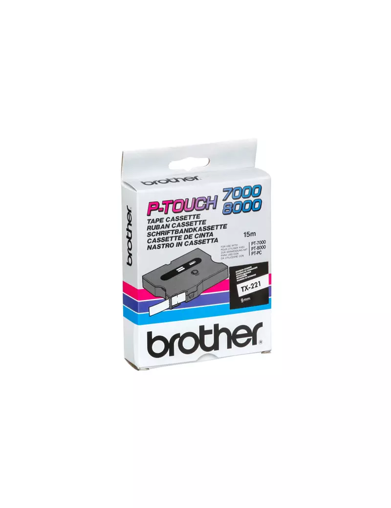 Nastro Originale Brother TX-221 - 9 mm x 7,7 m - Laminato (Nero su Bianco)