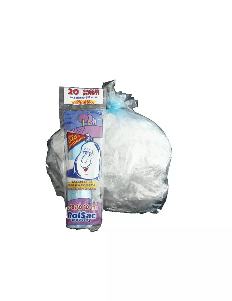 Sacco Immondizia Rolsac - 50x60 cm - 30 Litri - 10063 (Azzurro Trasparente Conf. 20) Sacco Immondizia Rolsac - 50x60 cm - 30 Litri - 10063 (Azzurro Trasparente Conf. 20)