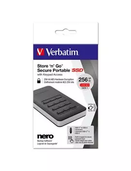 Hard Disk Portatile Esterno Store 'n' Go Secure Verbatim - 2,5 Pollici - USB 3.1 - Tastierino di Accesso - 256 GB - 53402