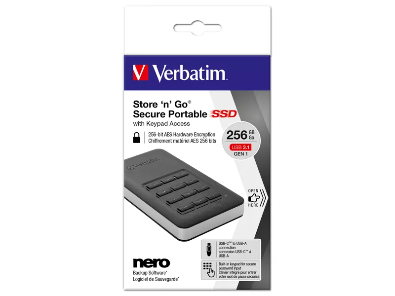 Hard Disk Portatile Esterno Store 'n' Go Secure Verbatim - 2,5 Pollici - USB 3.1 - Tastierino di Accesso - 256 GB - 53402