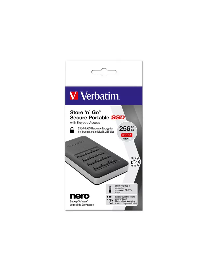 Hard Disk Portatile Esterno Store 'n' Go Secure Verbatim - 2,5 Pollici - USB 3.1 - Tastierino di Accesso - 256 GB - 53402