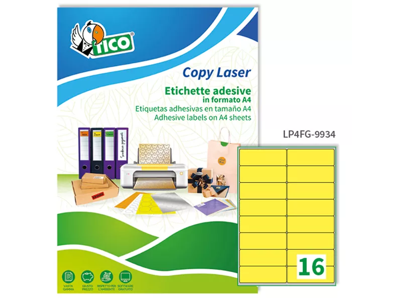 Etichette Adesive Copy Laser Premium Tico con Angoli Arrotondati - A4 - 99,1x34 mm - LP4FG-9934 (Giallo Fluo Conf. 70) Etichette Adesive Copy Laser Premium Tico con Angoli Arrotondati - A4 - 99,1x34 mm - LP4FG-9934 (Giallo Fluo Conf. 70)