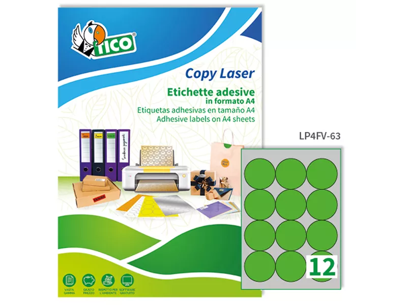 Etichette Adesive Rotonde Tico - 63,5 mm - Permanente - LP4FV-63 (Verde Fluo Conf. 70)