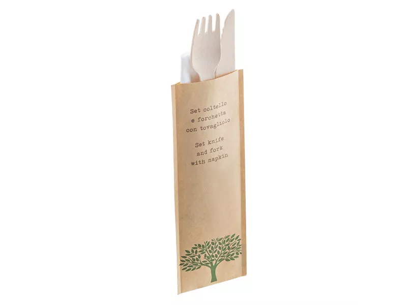 Forchetta e Coltello in Legno Leone - 16 cm - con Tovagliolo - Q1015 (Legno Conf. 48)