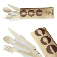 Forchetta Coltello e Cucchiaio in Legno Leone - 16 cm - con Tovagliolo - Q1030 (Legno Conf. 48)