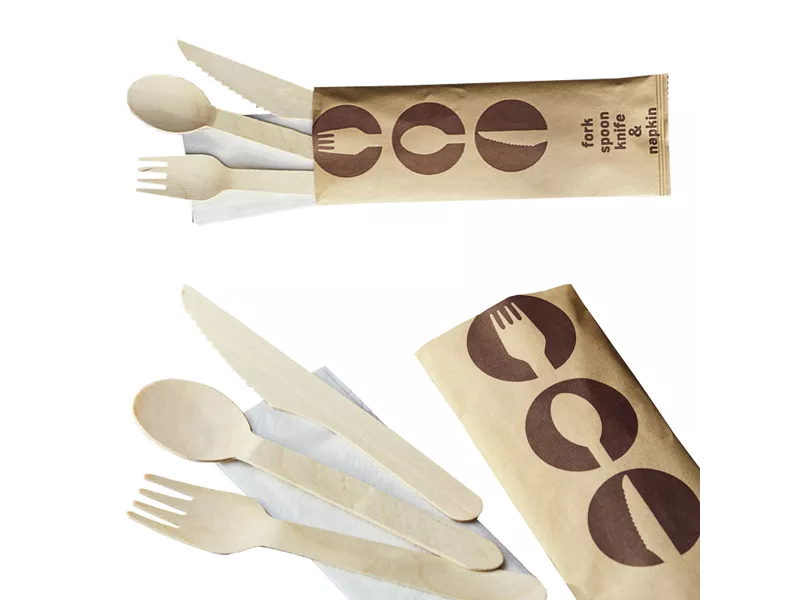 Forchetta Coltello e Cucchiaio in Legno Leone - 16 cm - con Tovagliolo - Q1030 (Legno Conf. 48)