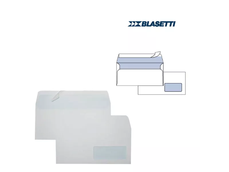 Buste Commerciali Super Strip Blasetti - 11x23 cm - Taglio Dritto con Strip - Con Finestra - 90 g - 148 (Bianco Conf. 500) Buste Commerciali Super Strip Blasetti - 11x23 cm - Taglio Dritto con Strip - Con Finestra - 90 g - 148 (Bianco Conf. 500)