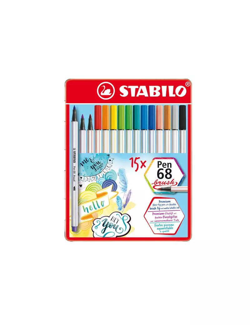 Pennarello Pen 68 Brush Stabilo - Astuccio di Metallo - 1 mm - 568/15-32 (Assortiti Conf. 15)