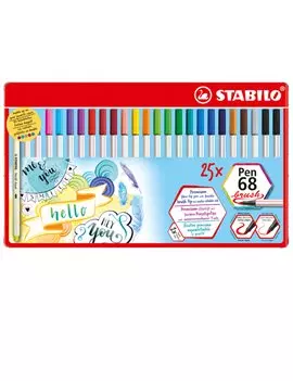 Pennarello Pen 68 Brush Stabilo - Astuccio di Metallo - 1 mm - 568/25-321 (Assortiti Conf. 25)