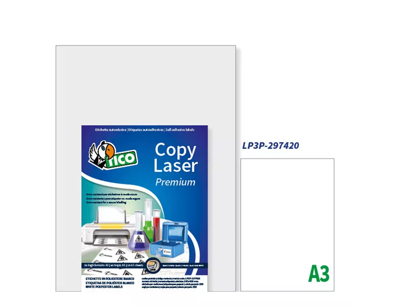 Etichette Adesive in Poliestere Tico - A3 - 397x420 mm - LP3P-297420 (Bianco Conf. 250)