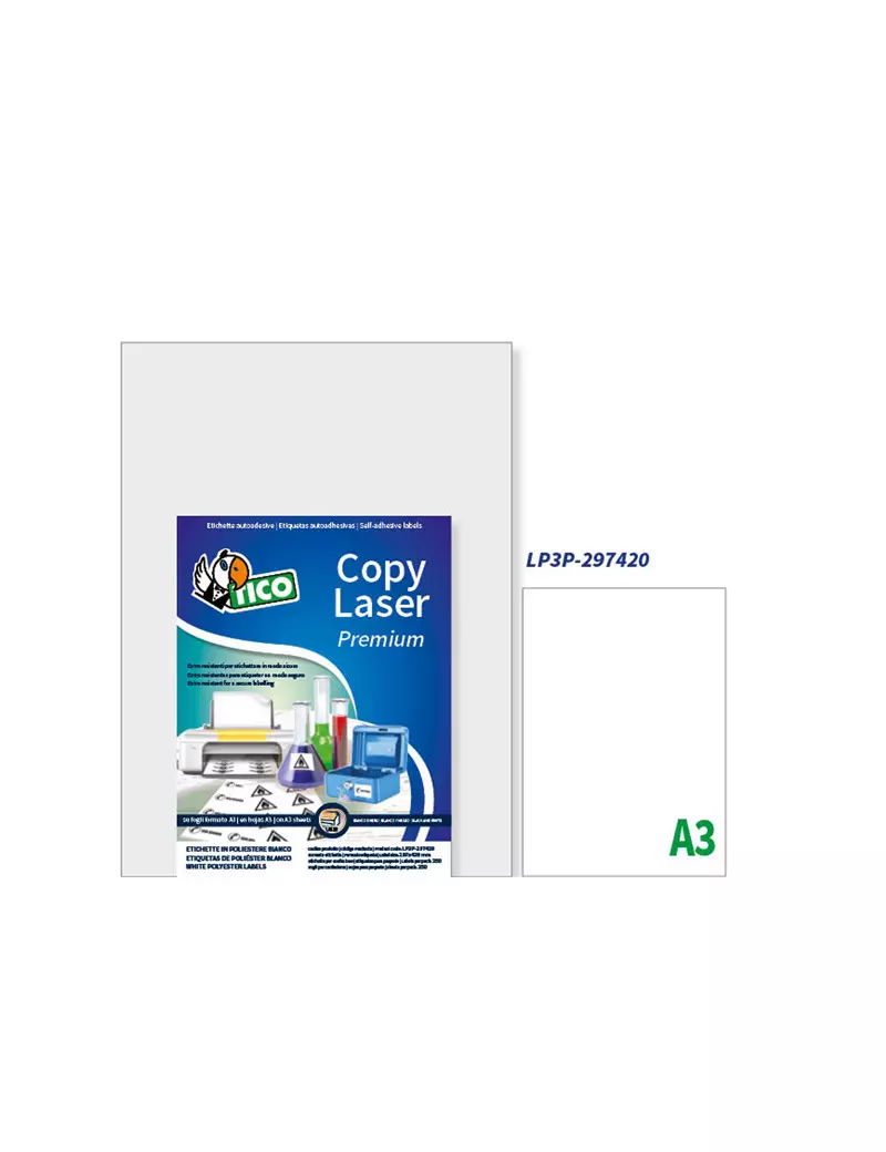 Etichette Adesive in Poliestere Tico - A3 - 397x420 mm - LP3P-297420 (Bianco Conf. 250) Etichette Adesive in Poliestere Tico - A3 - 397x420 mm - LP3P-297420 (Bianco Conf. 250)