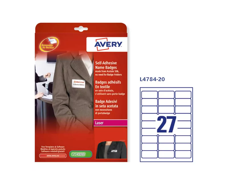 Etichette per Tessuto in Seta Acetata Avery - A4 - 63,5x29,5 mm - L4784-20 (Bianco Conf. 20)