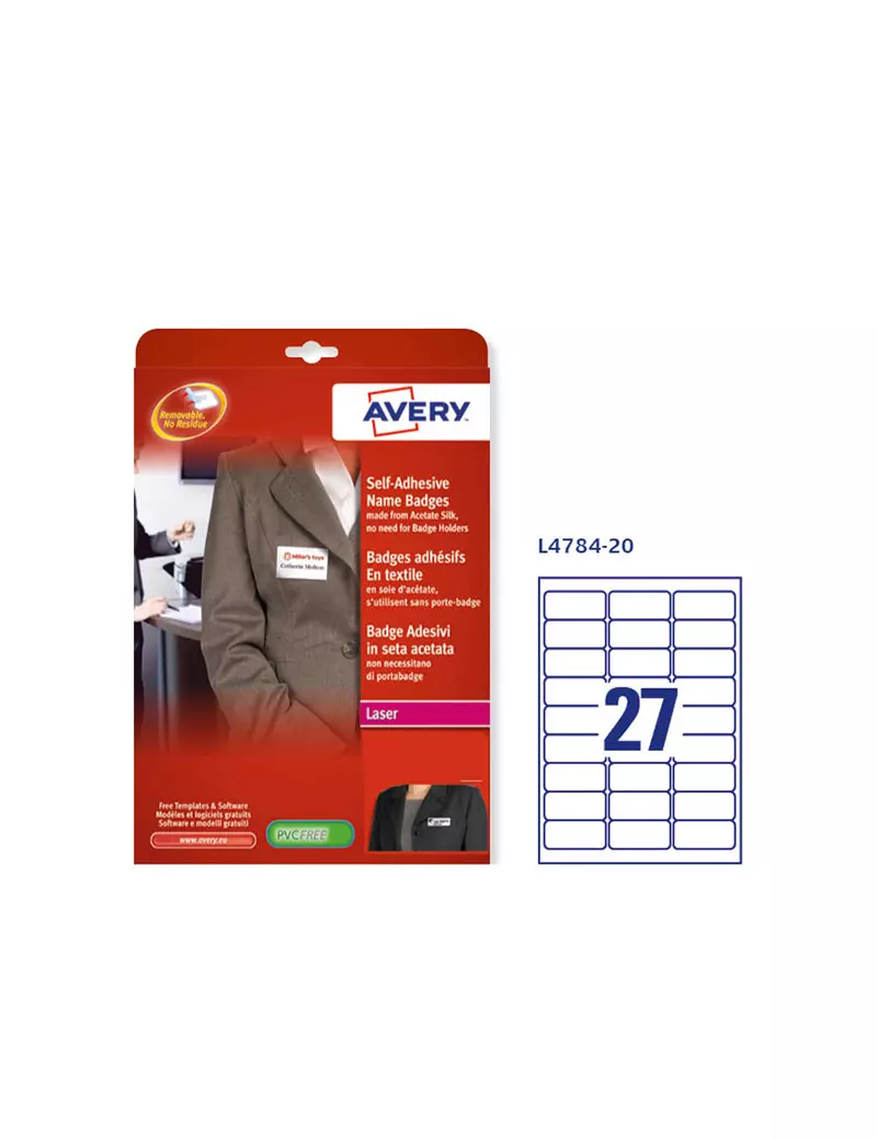 Etichette per Tessuto in Seta Acetata Avery - A4 - 63,5x29,5 mm - L4784-20 (Bianco Conf. 20)