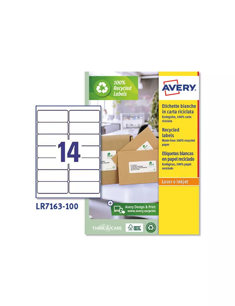 Etichette Adesive in Carta Riciclata Avery A4 99,1x38,1 mm LR7163-100  Bianco 5014702815072