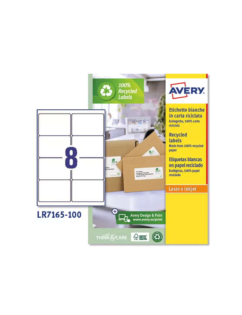 Etichette Adesive in Carta Riciclata Avery - A4 - 99,1x67,7 mm - LR7165-100 (Bianco Conf. 100)