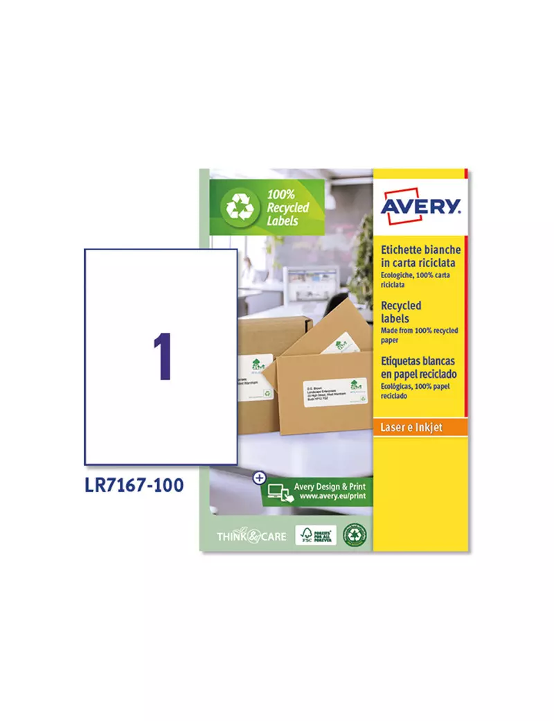 Etichette Adesive in Carta Riciclata Avery - A4 - 199,6x289,1 mm - LR7167-100 (Bianco Conf. 100)