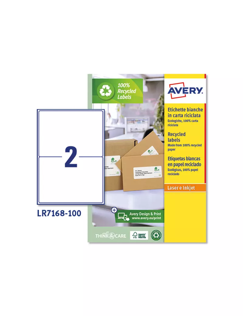 Etichette Adesive in Carta Riciclata Avery - A4 - 199,6x143,5 mm - LR7168-100 (Bianco Conf. 100)