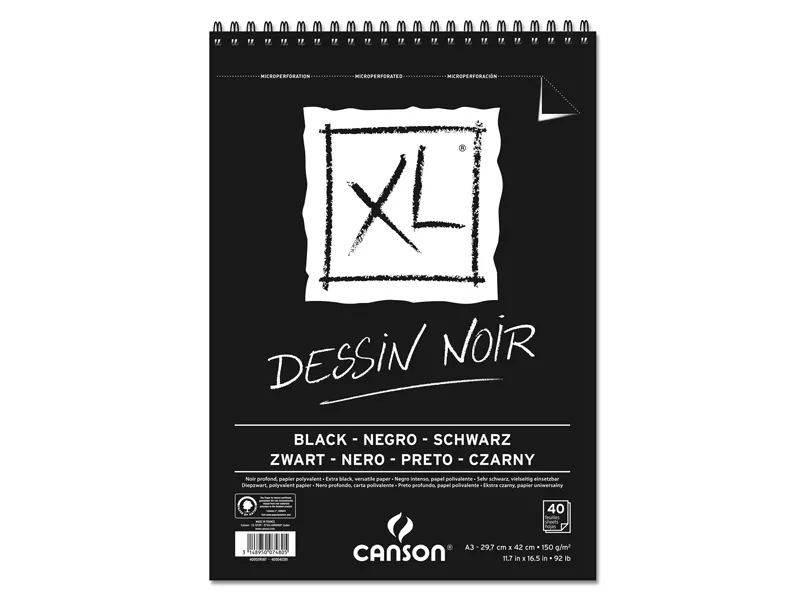 Album da Disegno Dessin Noir Canson - 29,7x42 cm - Spiralato Lato Corto - 150 g - 400039087 (Nero Conf. 5)