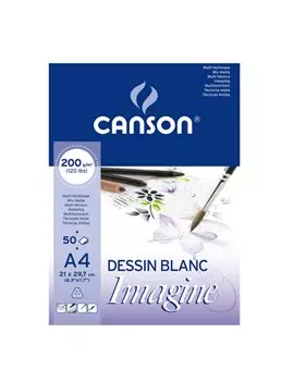 Blocco Collato Dessin Blanc Imagine Canson - A4 - 200 g - 50 Fogli - 200006008 (Bianco Conf. 5)