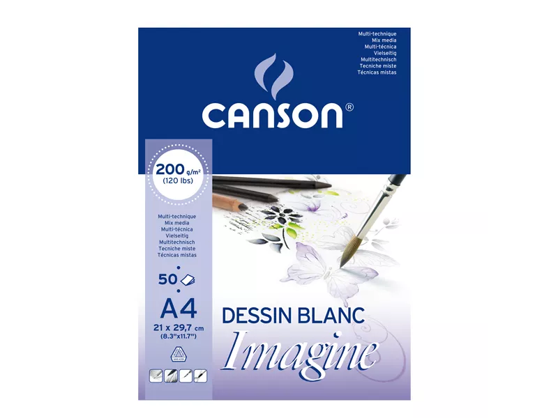 Blocco Collato Dessin Blanc Imagine Canson - A4 - 200 g - 50 Fogli - 200006008 (Bianco Conf. 5)
