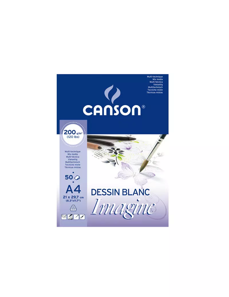 Blocco Collato Dessin Blanc Imagine Canson - A4 - 200 g - 50 Fogli - 200006008 (Bianco Conf. 5)