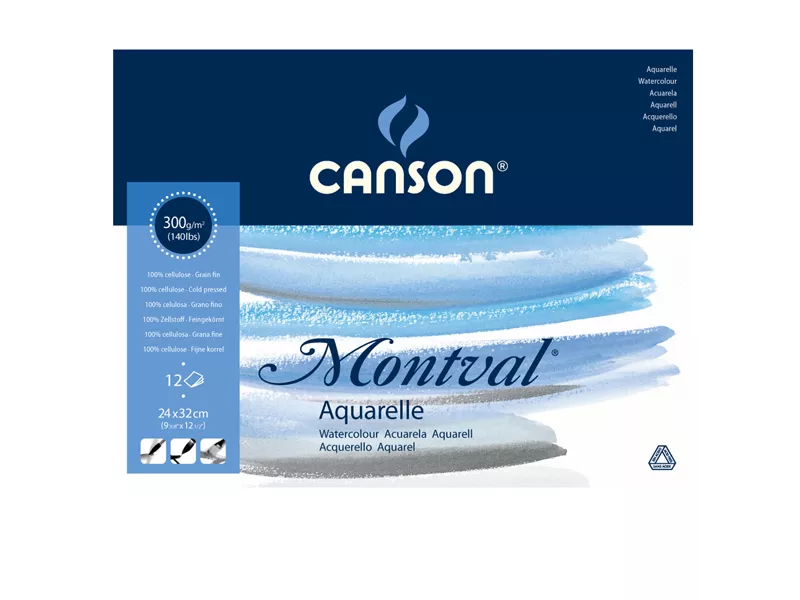 Blocco Collato Montval Aquarelle Canson - 24x32 cm - 300 g - 12 Fogli - 200807319 (Bianco Conf. 10)