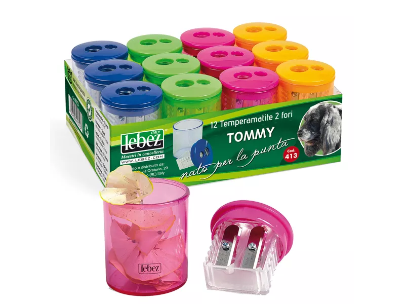 Temperamatite con Contenitore Tommy Lebez - 2 Fori - 413 (Assortiti Conf. 12)