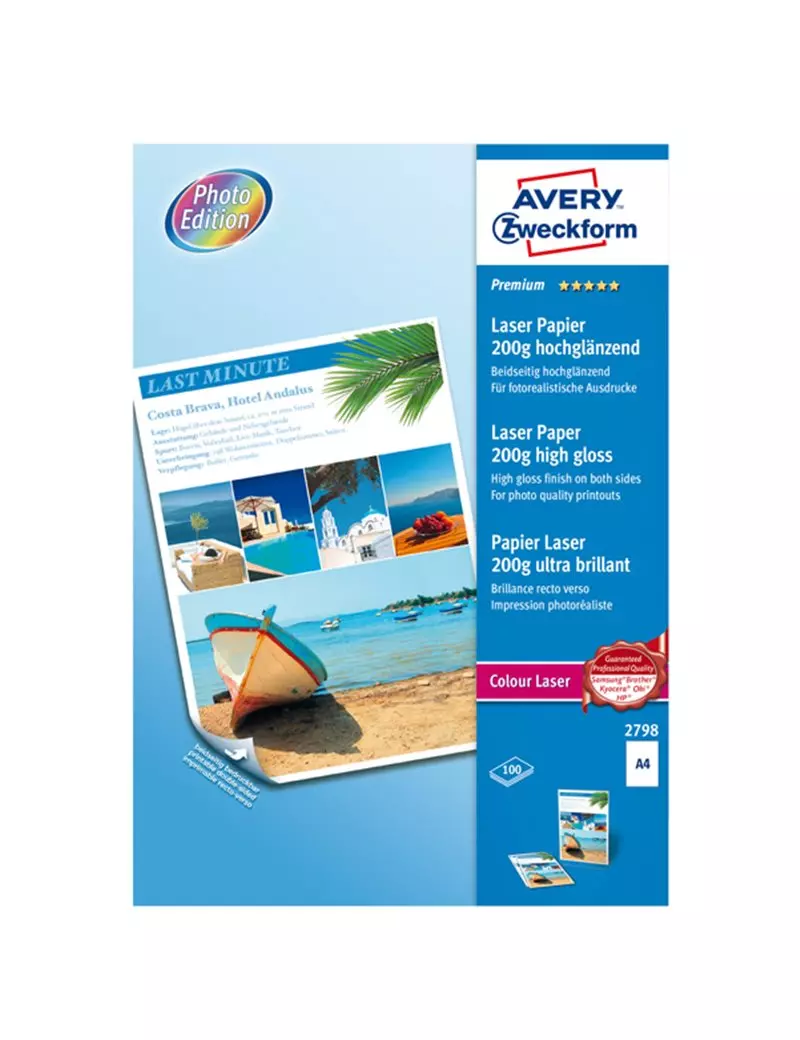 Carta Fotografica Avery Dennison - A4 - 200 g - Effetto Extra Glossy - 2798 (Bianco Conf. 100)