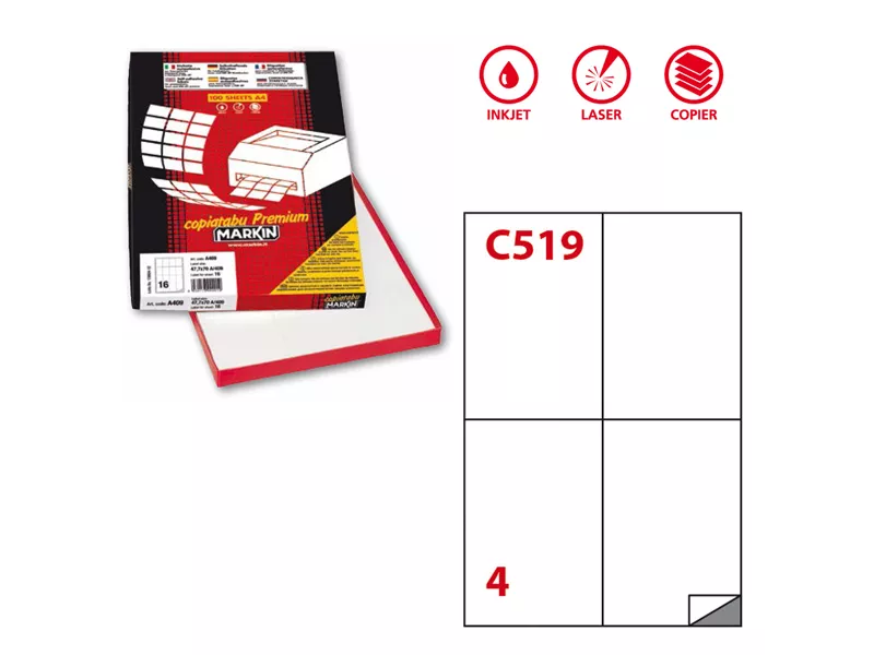 Etichette Adesive Markin - A4 - 105x148,5 mm - Extra Forte - X210C519SP (Bianco Conf. 100)