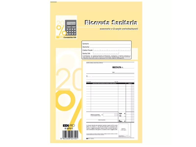 Blocco Ricevute Sanitarie Edipro - 15x23 cm - 50/50 Fogli Autoricalcanti Numerati - E5275C